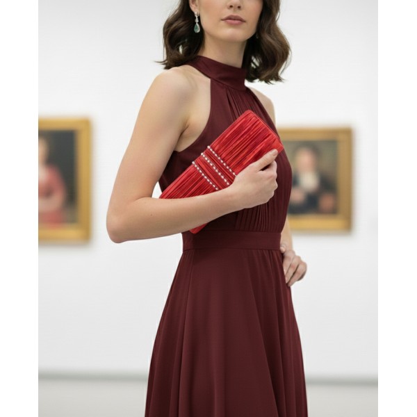 Evening Bag - Satin Pleated w/ 3 Liner Clear Stone - Red - BG-EBS1132RD